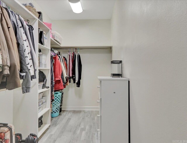 spacious closet featuring light hardwood / wood-style floors