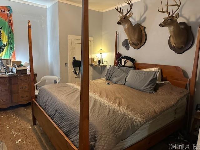 bedroom featuring crown molding and dark hardwood / wood-style floors