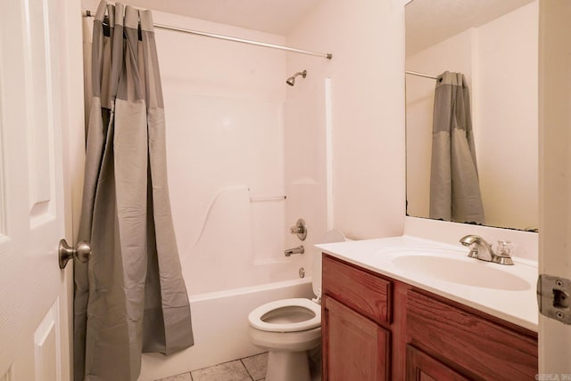 full bathroom with tile patterned floors, shower / bath combination with curtain, toilet, and vanity