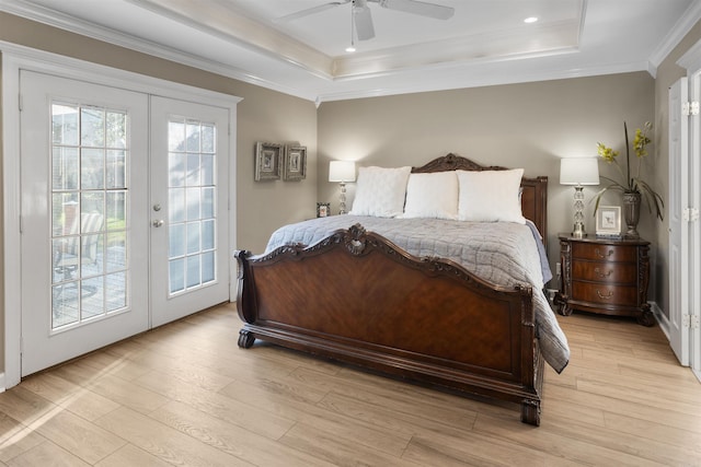 bedroom with access to outside, light wood-type flooring, french doors, and ceiling fan