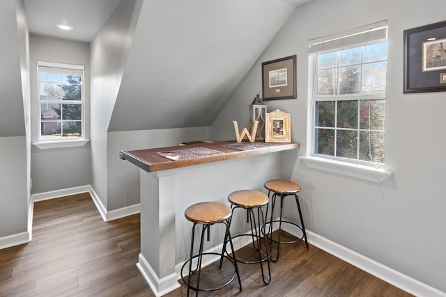 bar featuring vaulted ceiling, dark hardwood / wood-style flooring, and butcher block countertops