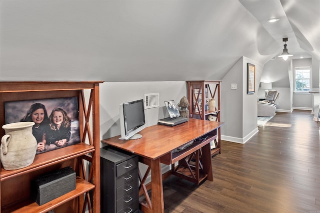 office with lofted ceiling and dark hardwood / wood-style floors