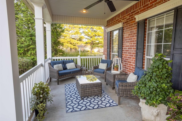 view of patio featuring ceiling fan, outdoor lounge area, and a porch