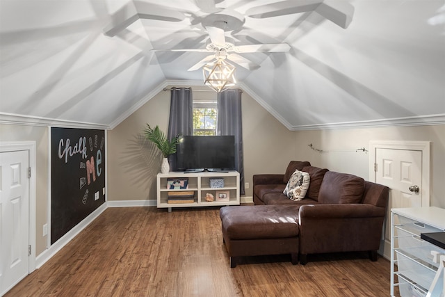 living room with ornamental molding, vaulted ceiling, ceiling fan, and hardwood / wood-style floors