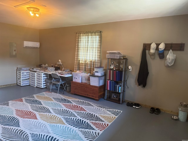 home office featuring concrete flooring, electric panel, and an AC wall unit