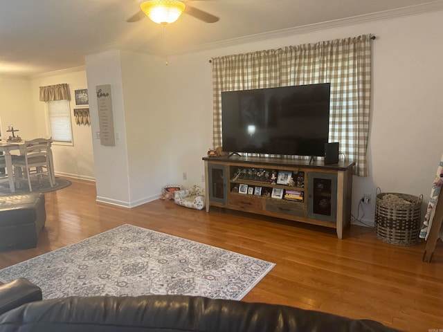 living room featuring ceiling fan, ornamental molding, and hardwood / wood-style floors