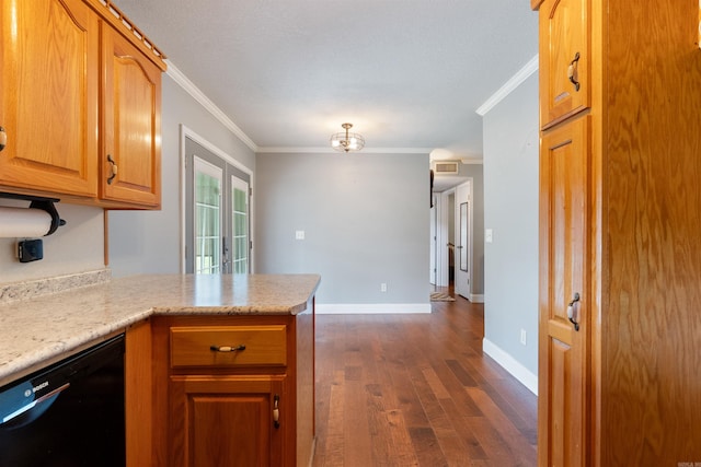 kitchen with black dishwasher, kitchen peninsula, dark hardwood / wood-style floors, and crown molding