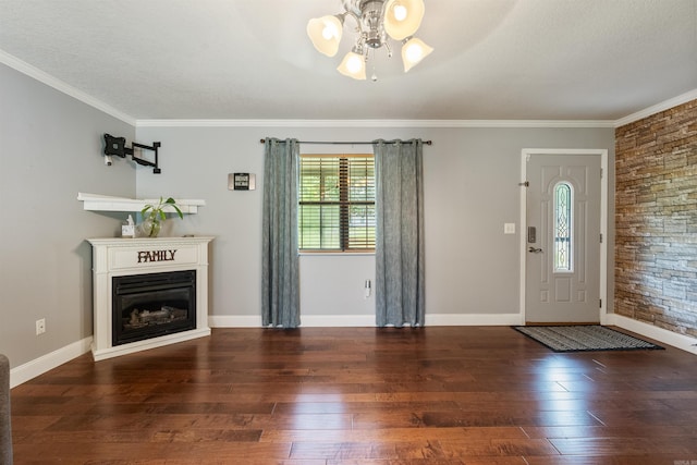 unfurnished living room featuring a textured ceiling, crown molding, and dark hardwood / wood-style flooring