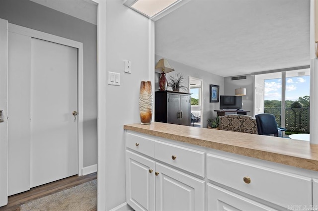 kitchen with a healthy amount of sunlight, white cabinetry, and dark wood-type flooring