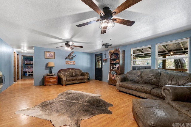 living room featuring a textured ceiling and light hardwood / wood-style floors