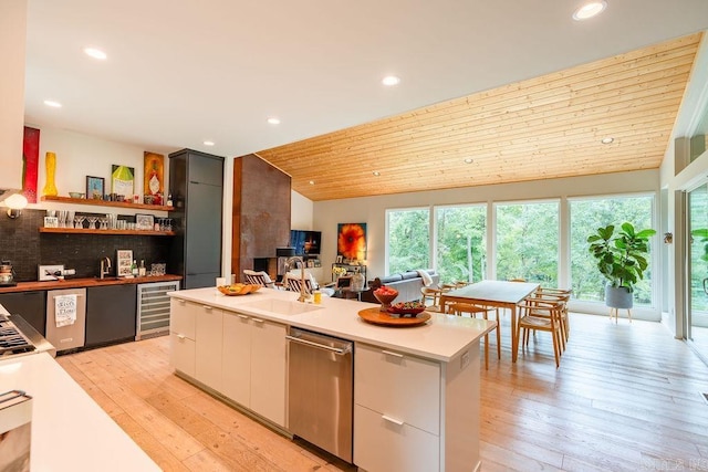 kitchen featuring lofted ceiling, wood ceiling, sink, stainless steel dishwasher, and white cabinetry