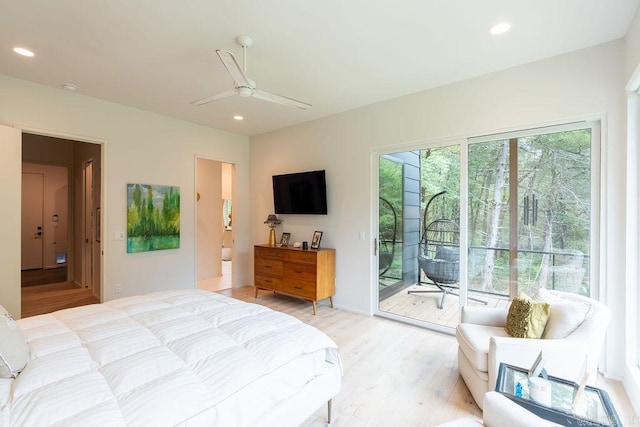 bedroom with ceiling fan, light wood-type flooring, connected bathroom, and access to outside