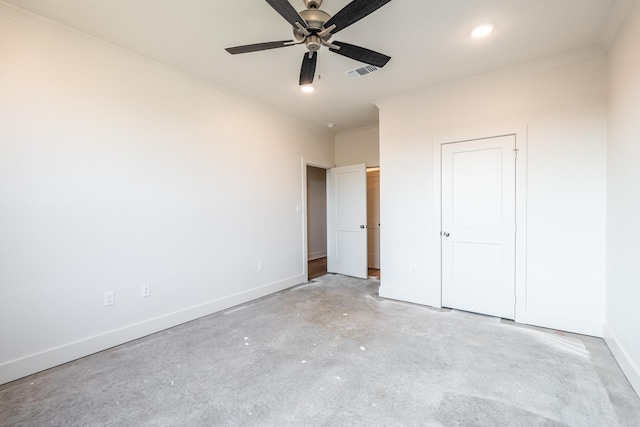 unfurnished bedroom with ornamental molding and ceiling fan