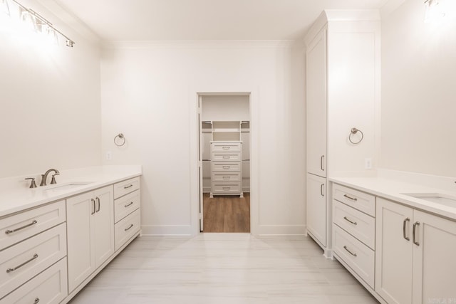 bathroom featuring vanity, ornamental molding, and wood-type flooring