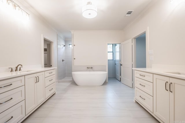 bathroom featuring vanity and plus walk in shower