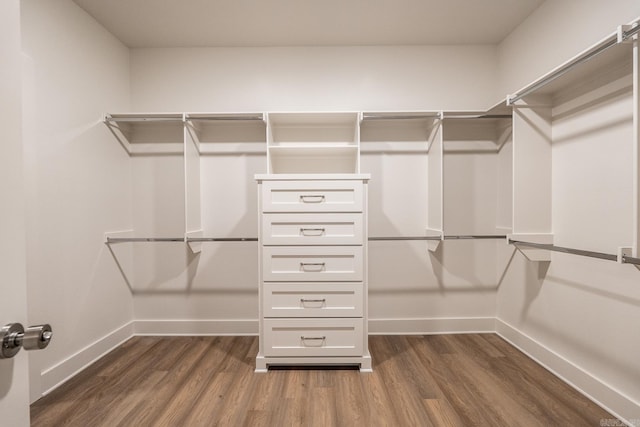 walk in closet with dark wood-type flooring