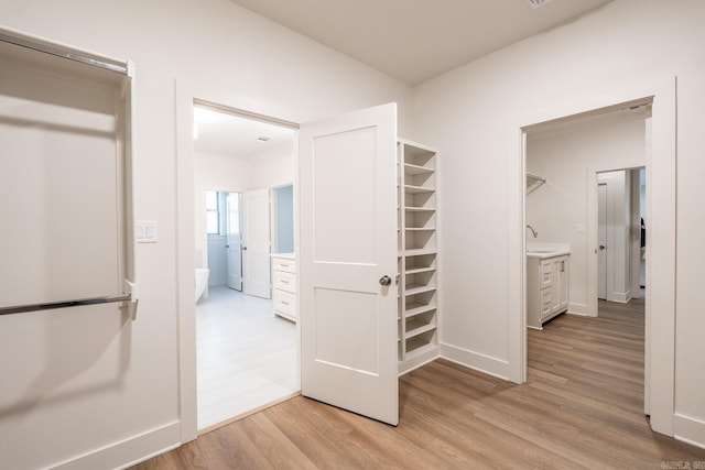 walk in closet with sink and light wood-type flooring