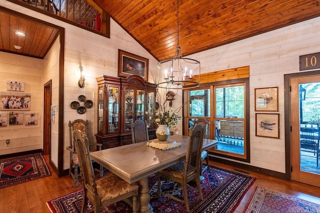 dining room with wood ceiling, a chandelier, high vaulted ceiling, wooden walls, and hardwood / wood-style floors