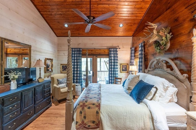 bedroom featuring wood ceiling, light wood-type flooring, lofted ceiling, and ceiling fan