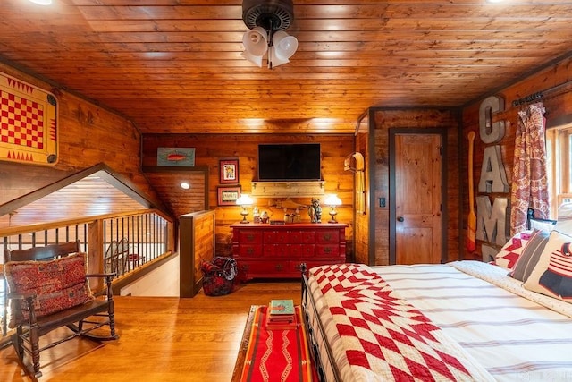 bedroom with light wood-type flooring, wood walls, and wooden ceiling