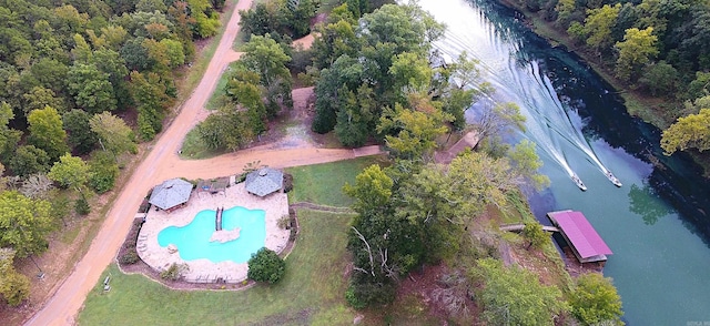 drone / aerial view featuring a water view