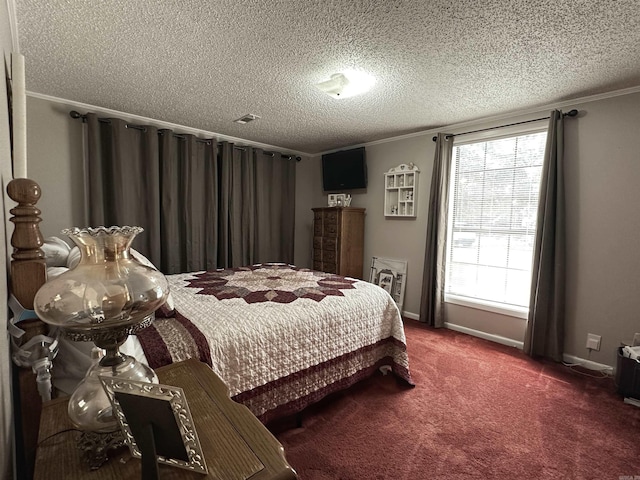 carpeted bedroom featuring a textured ceiling and ornamental molding