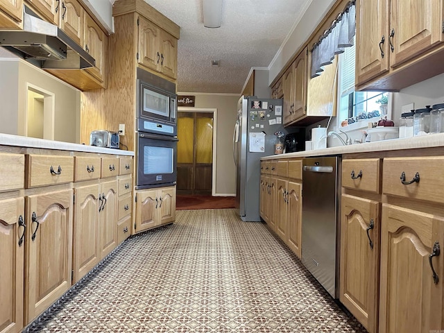 kitchen with a textured ceiling, crown molding, and black appliances