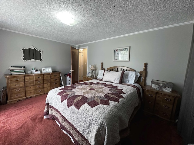 bedroom featuring a textured ceiling, crown molding, and dark colored carpet