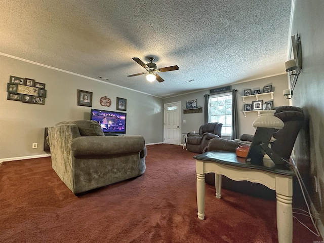 carpeted living room featuring ceiling fan, a textured ceiling, and crown molding