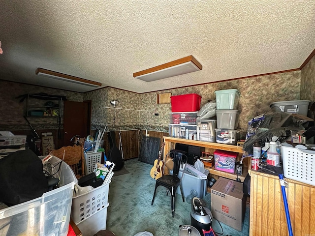 interior space with ornamental molding, a textured ceiling, and carpet flooring