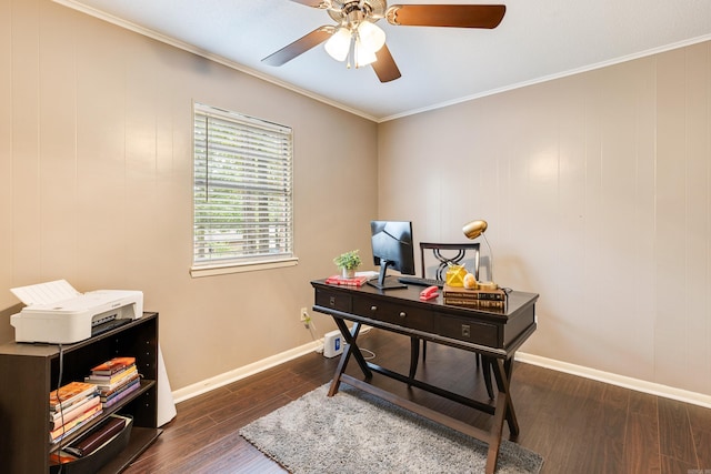 office space with crown molding, wooden walls, dark hardwood / wood-style flooring, and ceiling fan