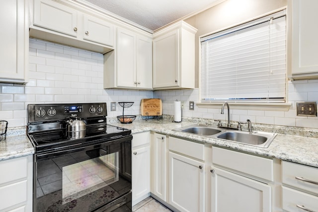 kitchen with white cabinets, sink, a textured ceiling, backsplash, and black / electric stove