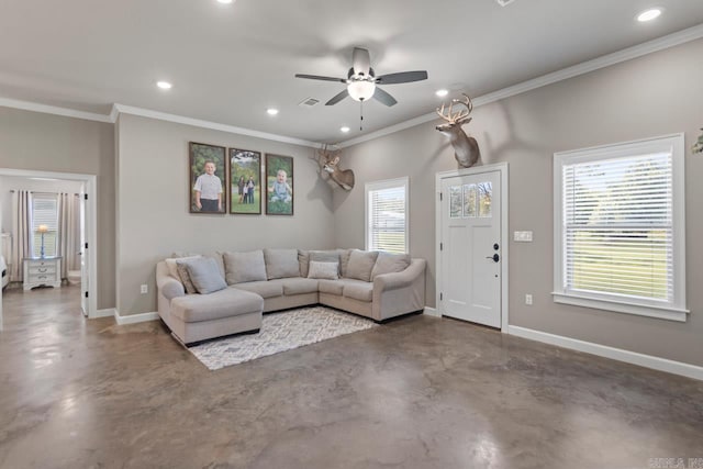 living room with crown molding, ceiling fan, and concrete floors