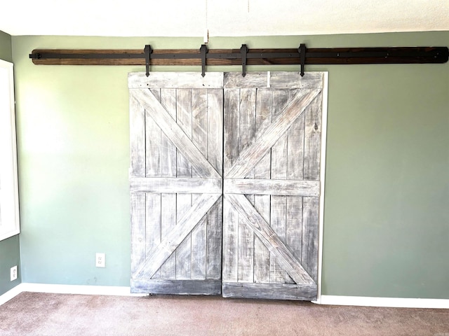 details with carpet floors and a barn door