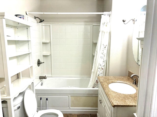 full bathroom featuring vanity, toilet, and shower / tub combo with curtain