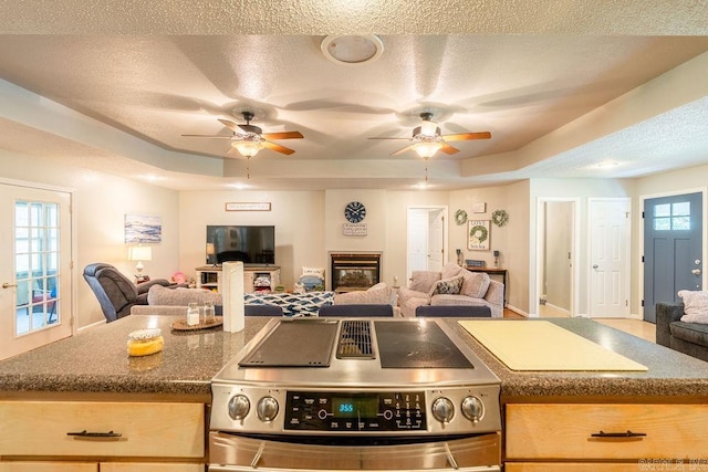 kitchen with range, ceiling fan, and a raised ceiling