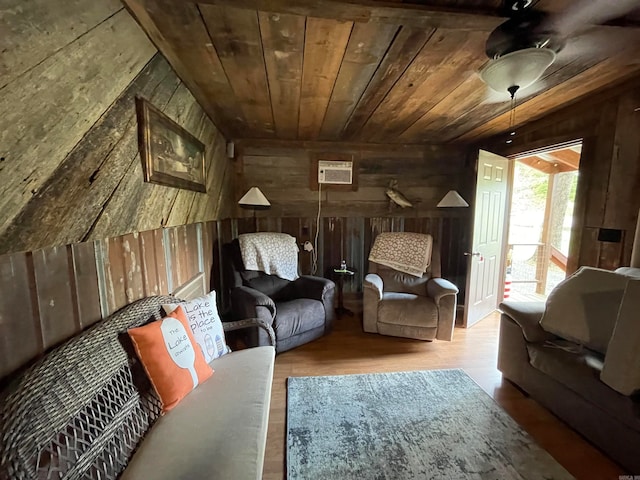 living room with wood ceiling, lofted ceiling, wood walls, and hardwood / wood-style flooring