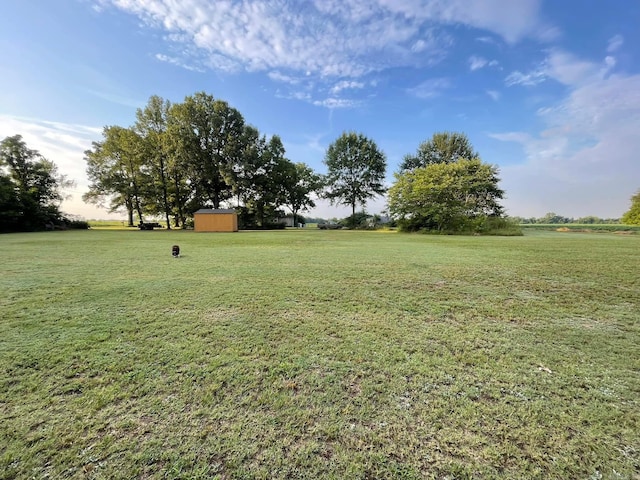 view of yard with a rural view and a storage unit