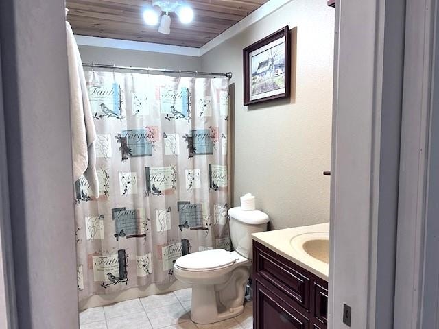 bathroom with vanity, toilet, wooden ceiling, tile patterned flooring, and a shower with shower curtain