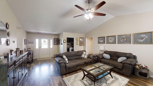 living room with vaulted ceiling, dark hardwood / wood-style flooring, and ceiling fan