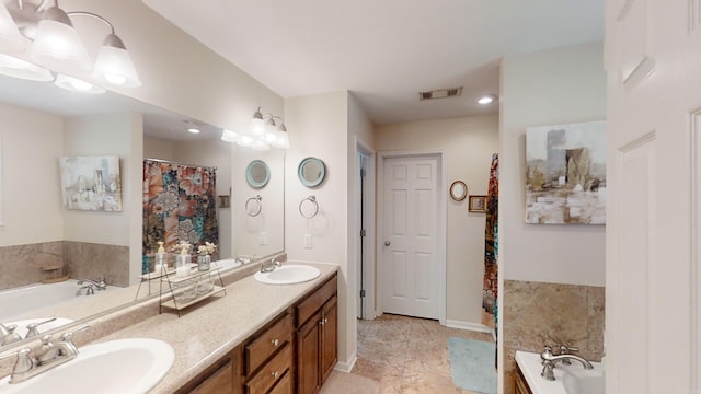 bathroom featuring independent shower and bath and vanity