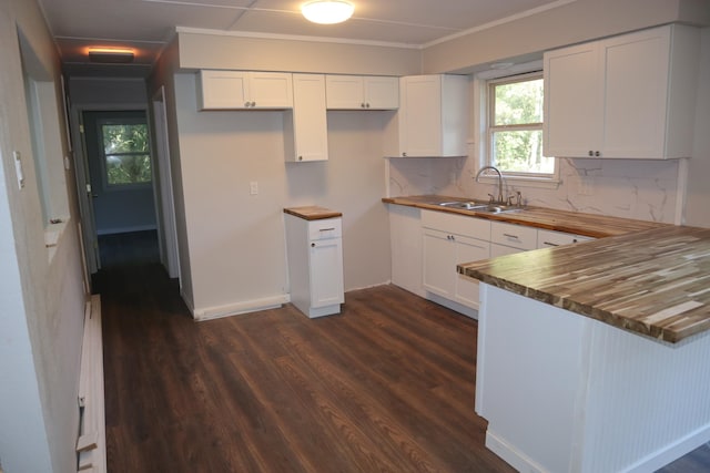 kitchen featuring sink, backsplash, white cabinetry, dark hardwood / wood-style floors, and butcher block counters