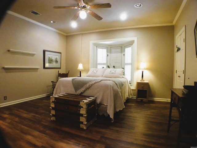 bedroom with ceiling fan, crown molding, and dark hardwood / wood-style flooring