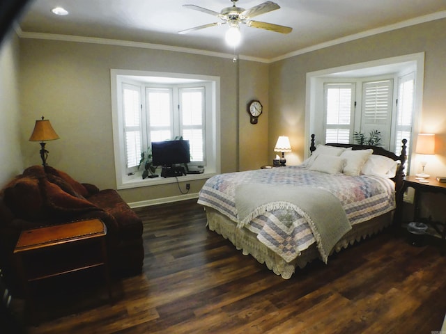 bedroom featuring ornamental molding, multiple windows, ceiling fan, and dark hardwood / wood-style floors