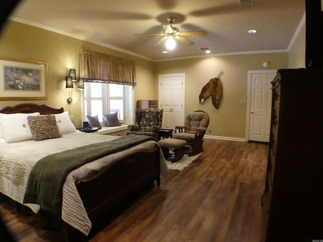 bedroom with ornamental molding, a closet, ceiling fan, and dark wood-type flooring