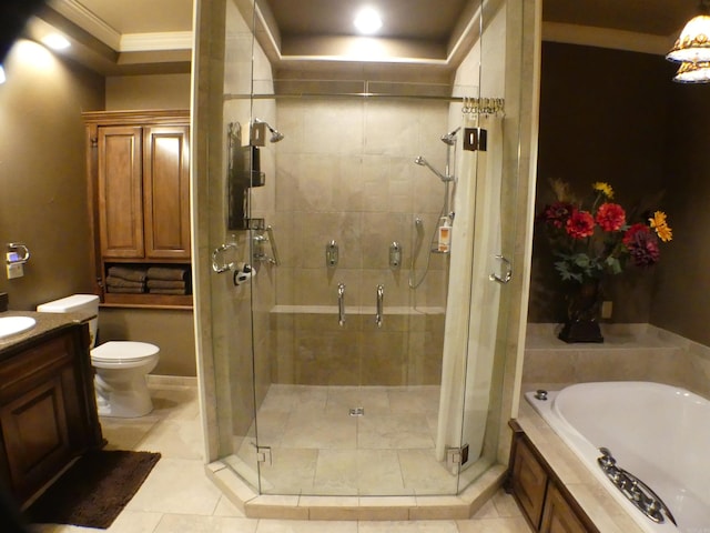 full bathroom featuring tile patterned floors, independent shower and bath, vanity, and toilet