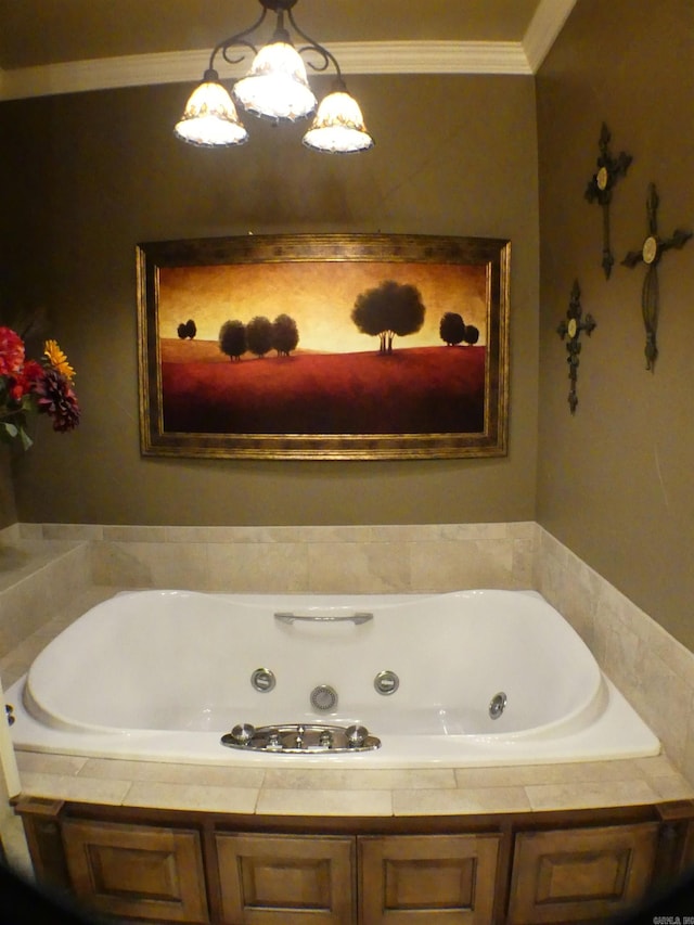 bathroom with a relaxing tiled tub and ornamental molding