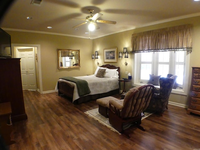 bedroom with ornamental molding, ceiling fan, and dark hardwood / wood-style flooring