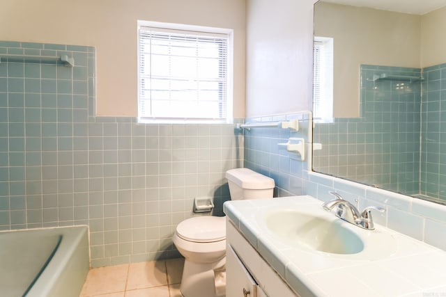 full bathroom with vanity, tile walls, tile patterned flooring, and toilet