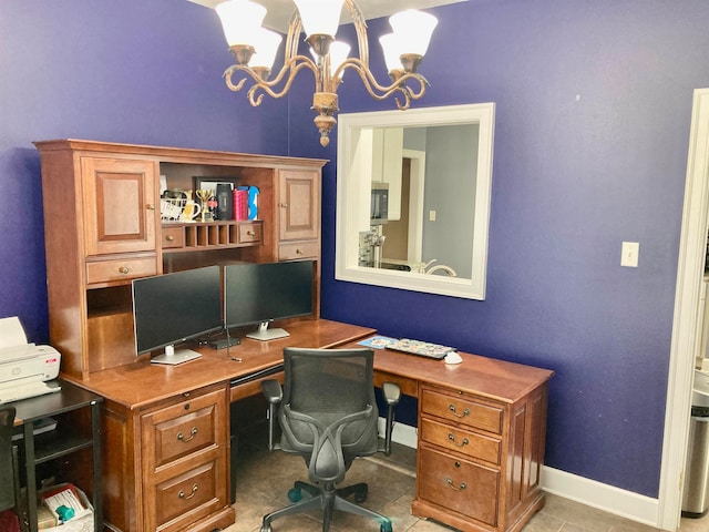 office area featuring light tile patterned floors and a notable chandelier